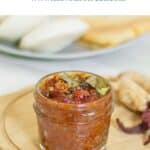 pin image of spicy ginger chutney with blue text overlay on the top.