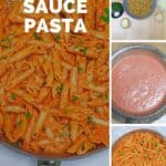 pin image of pink sauce pasta with white text overlay on the top.