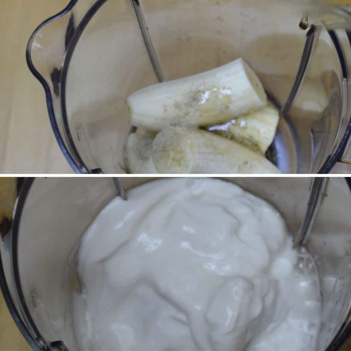 college of 2 images with top image of banana and other ingredients in the blender jar and the bottom image with the coconut milk in the blender.