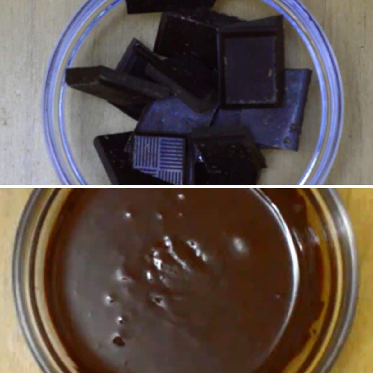 college of 2 images with top image of broken chocolate in a bowl and bottom image of melted chocolate in a bowl.