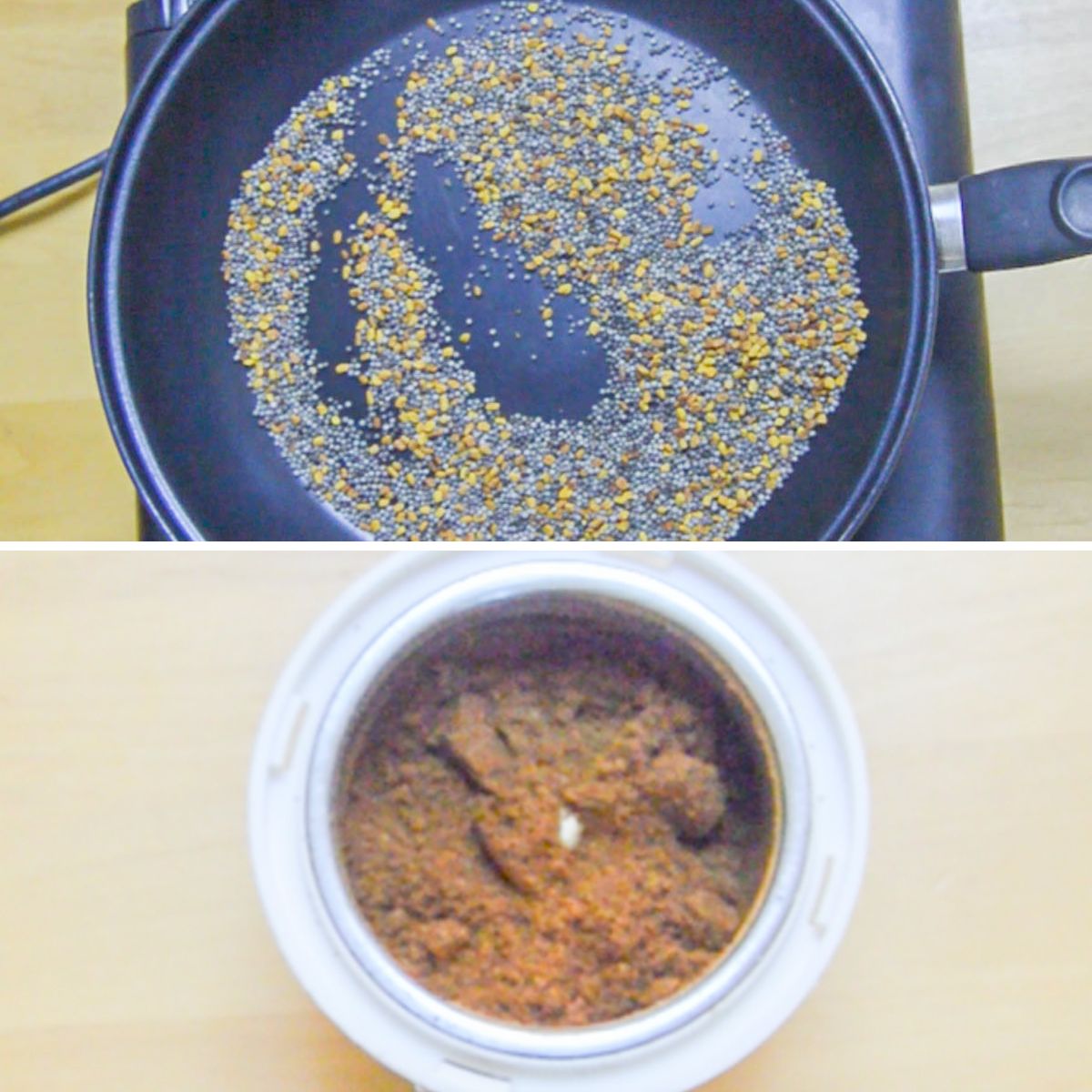 collage of 2 images with top image of whole spices in a black pan and bottom image of the brown powder in the white mixer jar.