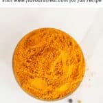pin image of rasam powder with black text overlay on the top.