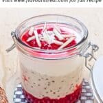 pin image of raspberry overnight oats with black text overlay on the top.