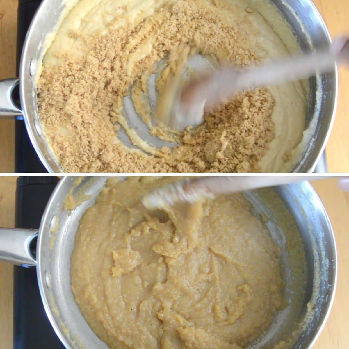 collage of 2 images with top image of stirring in sugar with brown mixture in a steel pot and bottom image of well combined brown mixture in a steel pan.