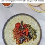 pin image of coriander coconut chutney with black text overlay on the top.