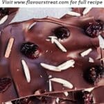 pin image of dark chocolate almond bark with text overlay on the top.