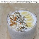 pin image of banana chis seed pudding with black text overlay on the top.