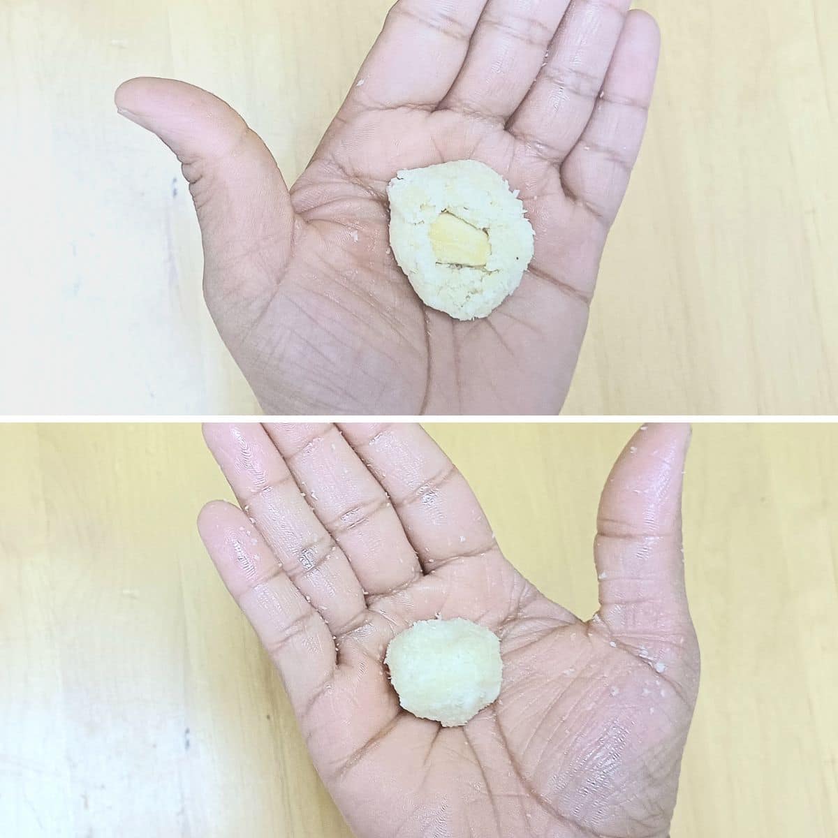 collage of 2 images with top image of almond flour coconut ball with stuffed almond in the center and bottom image of rolled ball.