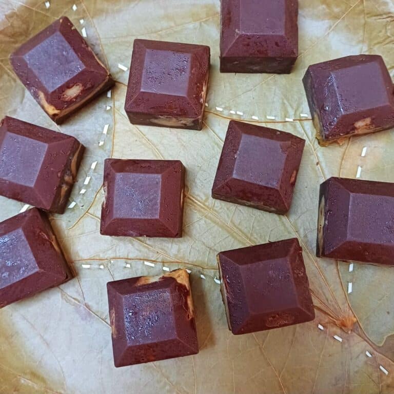 chocolate banana bites arranged on a green leaf.