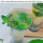 pin image of coconut basil seed drink with black text overlay on the top.