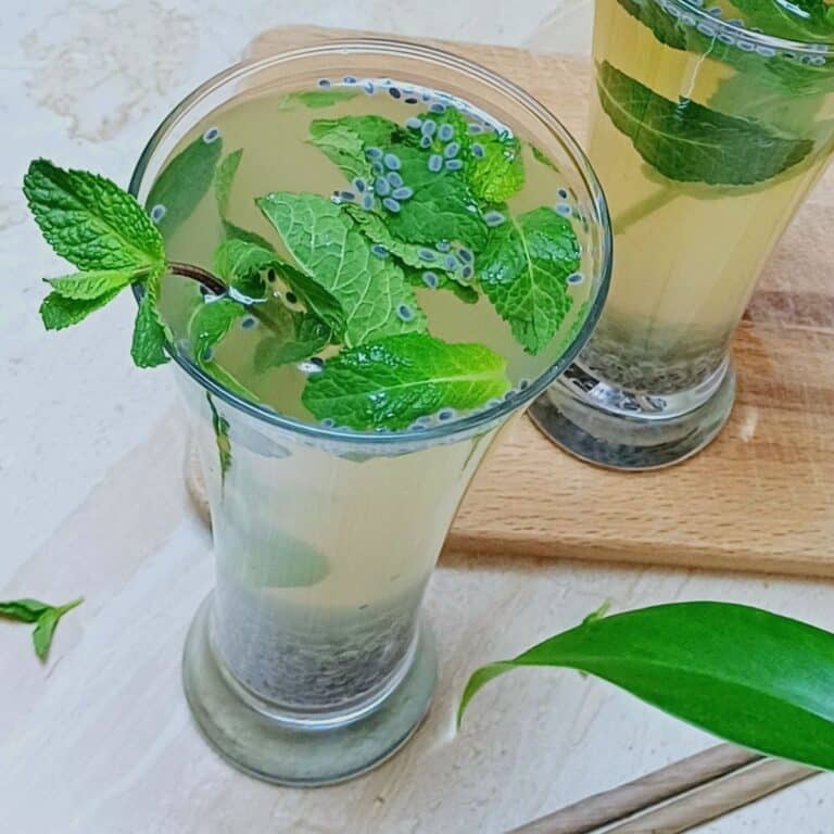 top view of glass filled with basil seeds coconut drink with mint leaves on top placed on tile.