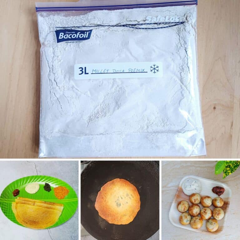 college of 4 images with top image of millet premix and bottom images of dosa, uttapam and paniyaram.