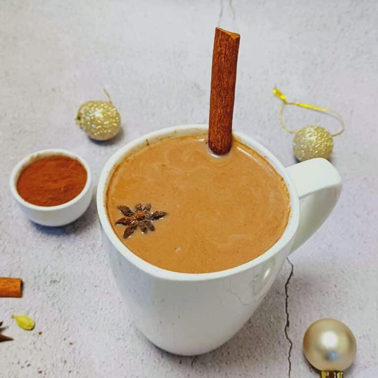white mug of spicy hot cocoa drink with a cinnamon stick and star anise