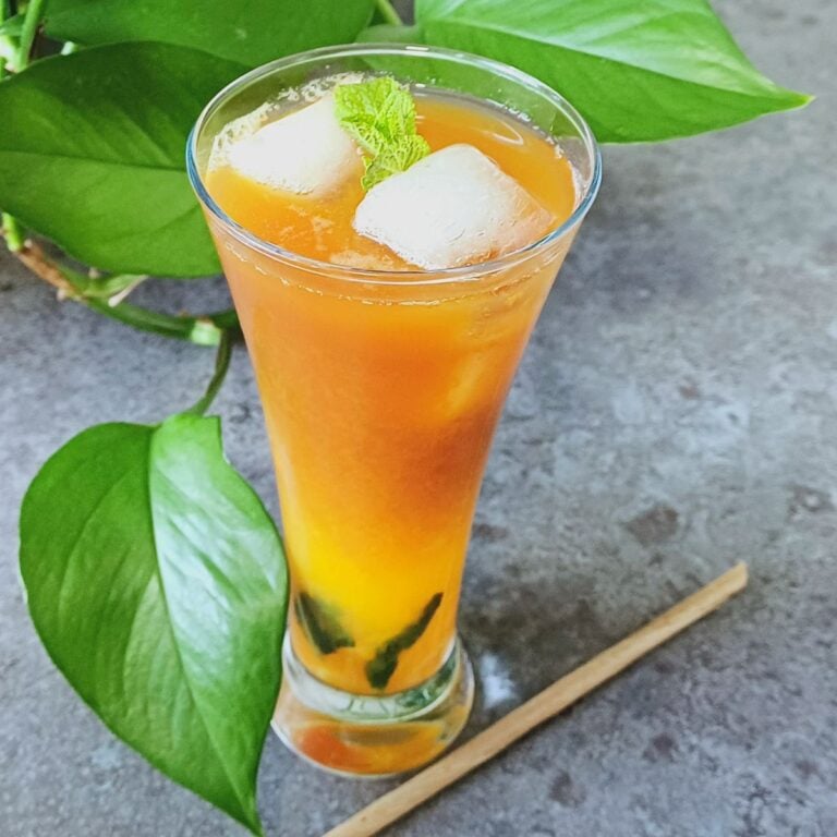 front view of a glass of orange iced tea placed on black tile along with a coconut straw and a green plant.