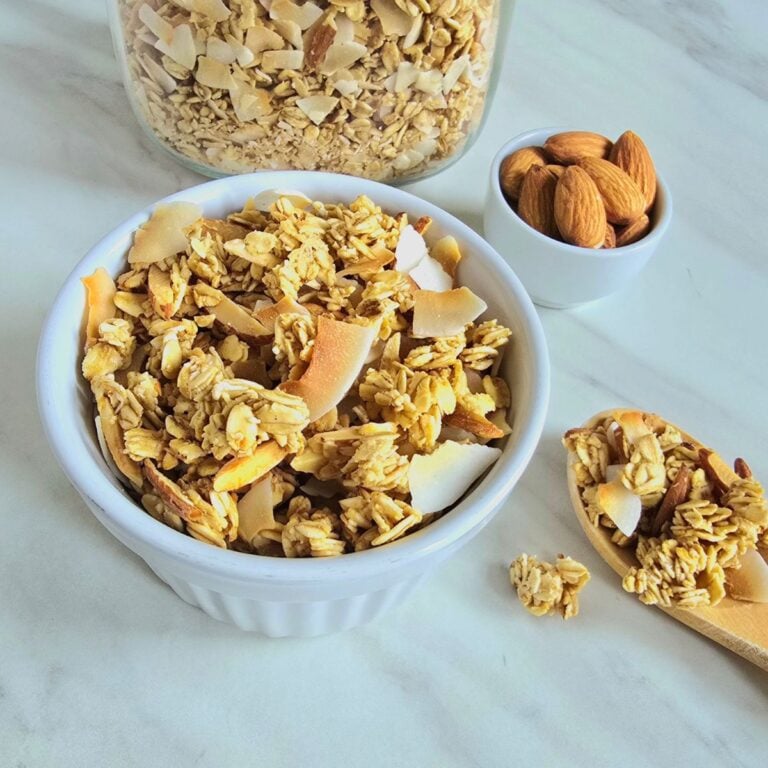 coconut shell filled with granola placed on a granite.