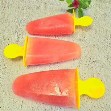 three watermelon ice lollies placed on a tile along with a plant behind them.
