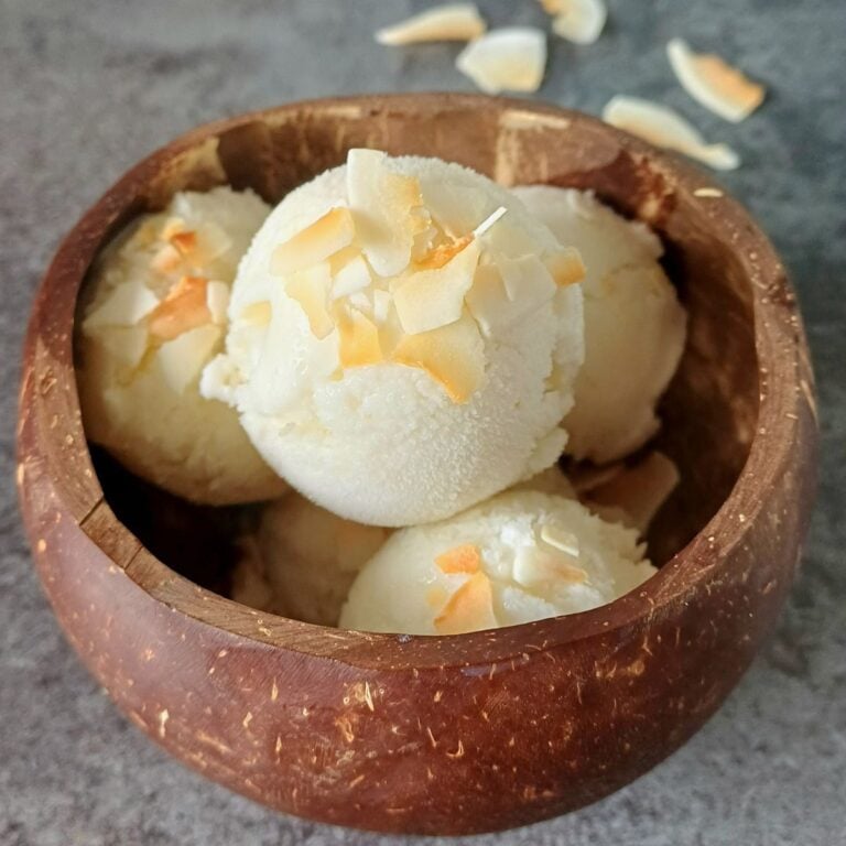 side view of coconut shell with white ice cream scoops topped with toasted coconut flakes.
