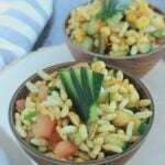 pin image of puffed rice vegetable salad with text overlay on the top.