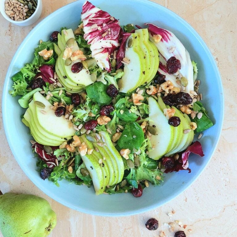 close up image of pear walnut cranberry salad in a blue bowl placed on a granite with a pear in the front and a bowl of seeds behind it.