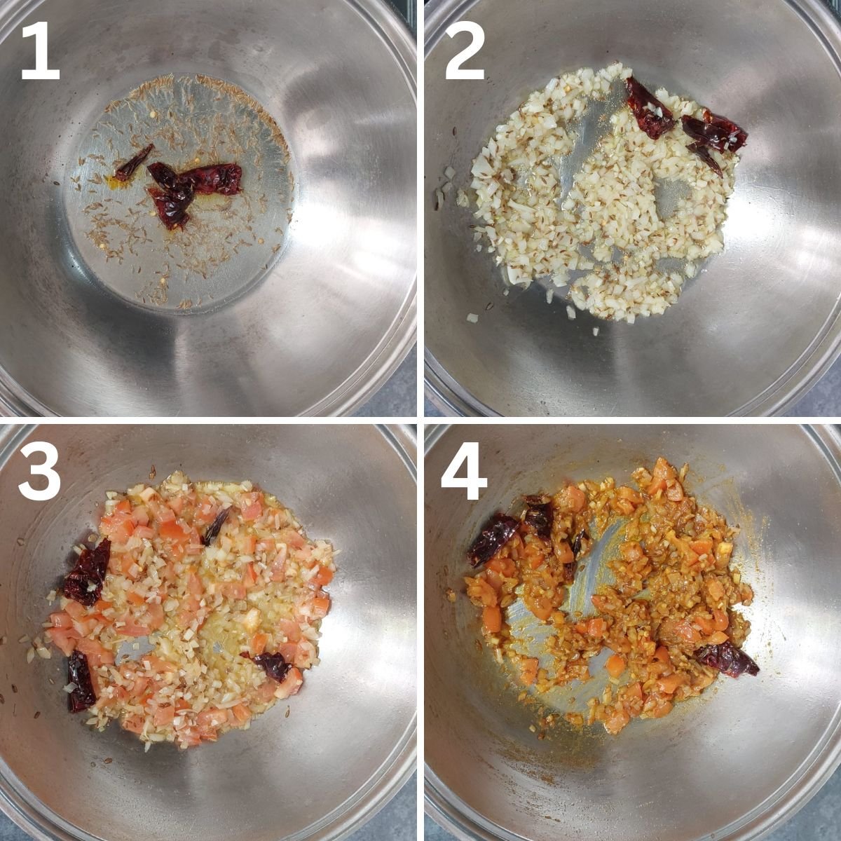 collage of four images showing the the process of tadka and cooking vegetables with spices.