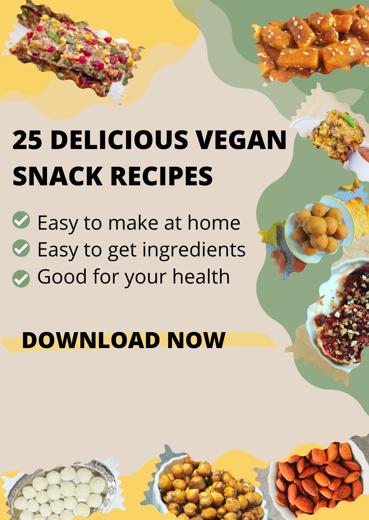 cover page of vegan snack ebook with images on edges and text in the middle of the page.