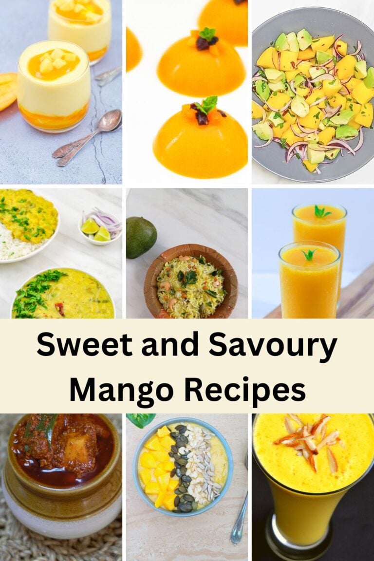 collage of nine image featuring sweet and savoury mango recipes made with raw and ripe mangoes.