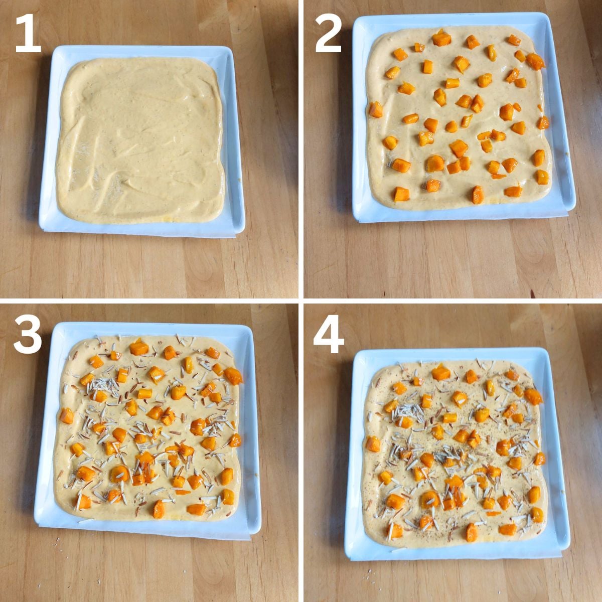 collage of four images showing the process of making mango frozen yogurt bark