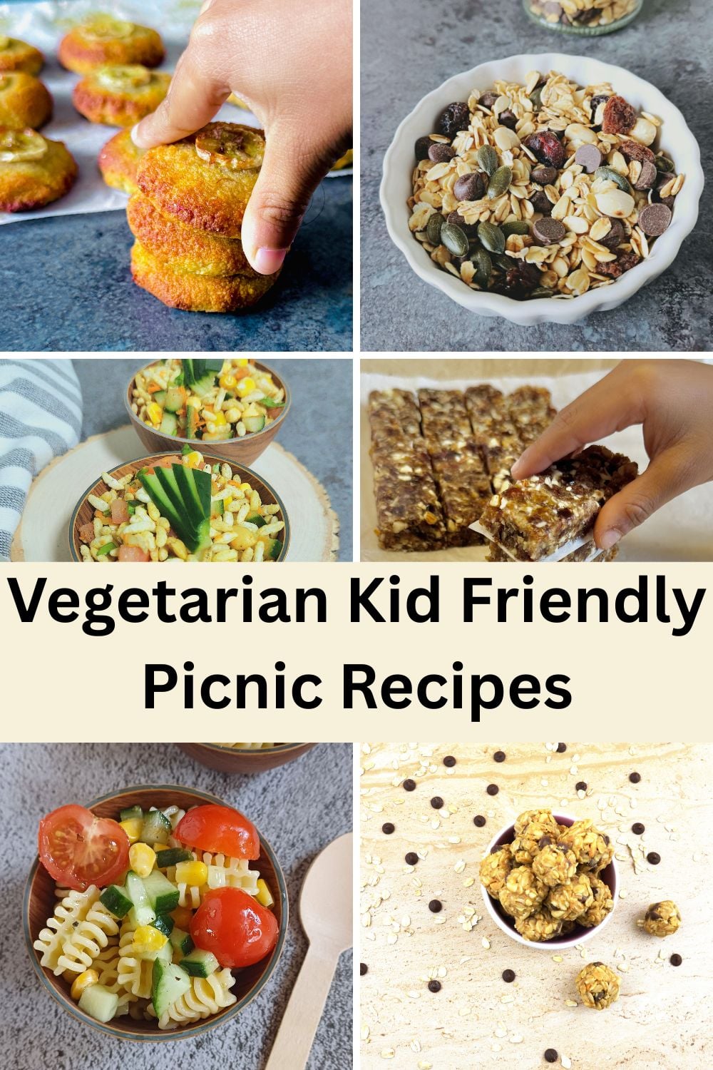 collage of six vegetarian kid friendly picnic recipes with text overlay in the centre.