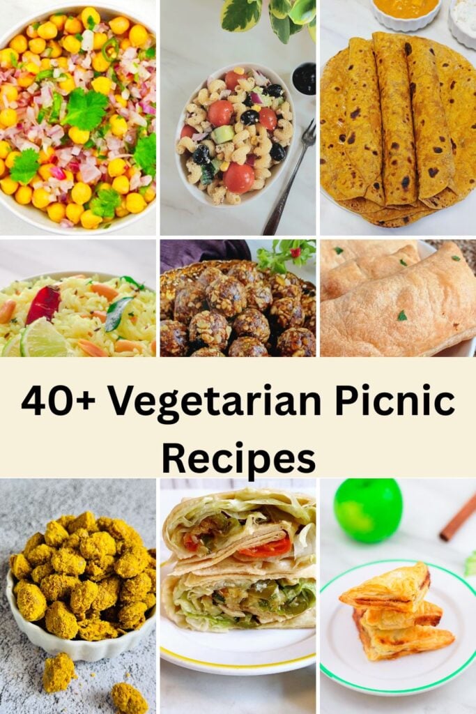 collage of nine vegetarian picnic recipes with text overlay in the centre.