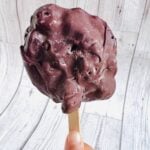 child holding a chocolate covered frozen yogurt berry cluster pop.