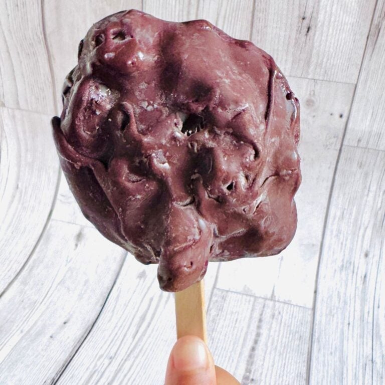 child holding a chocolate covered frozen yogurt berry cluster pop.