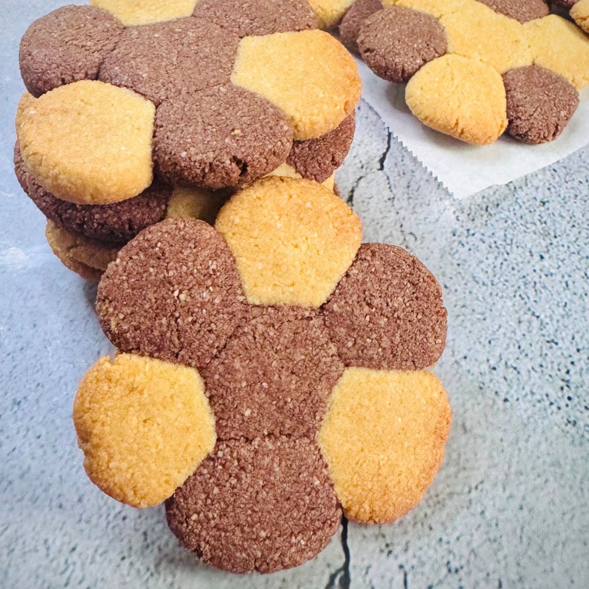 front view of brown and cream coloured cookies placed in front of stack of cookies.