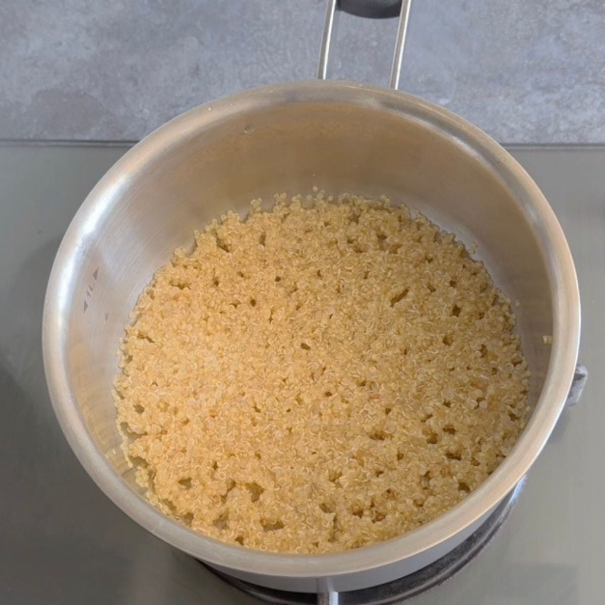 cooked quinoa in a steel pot.