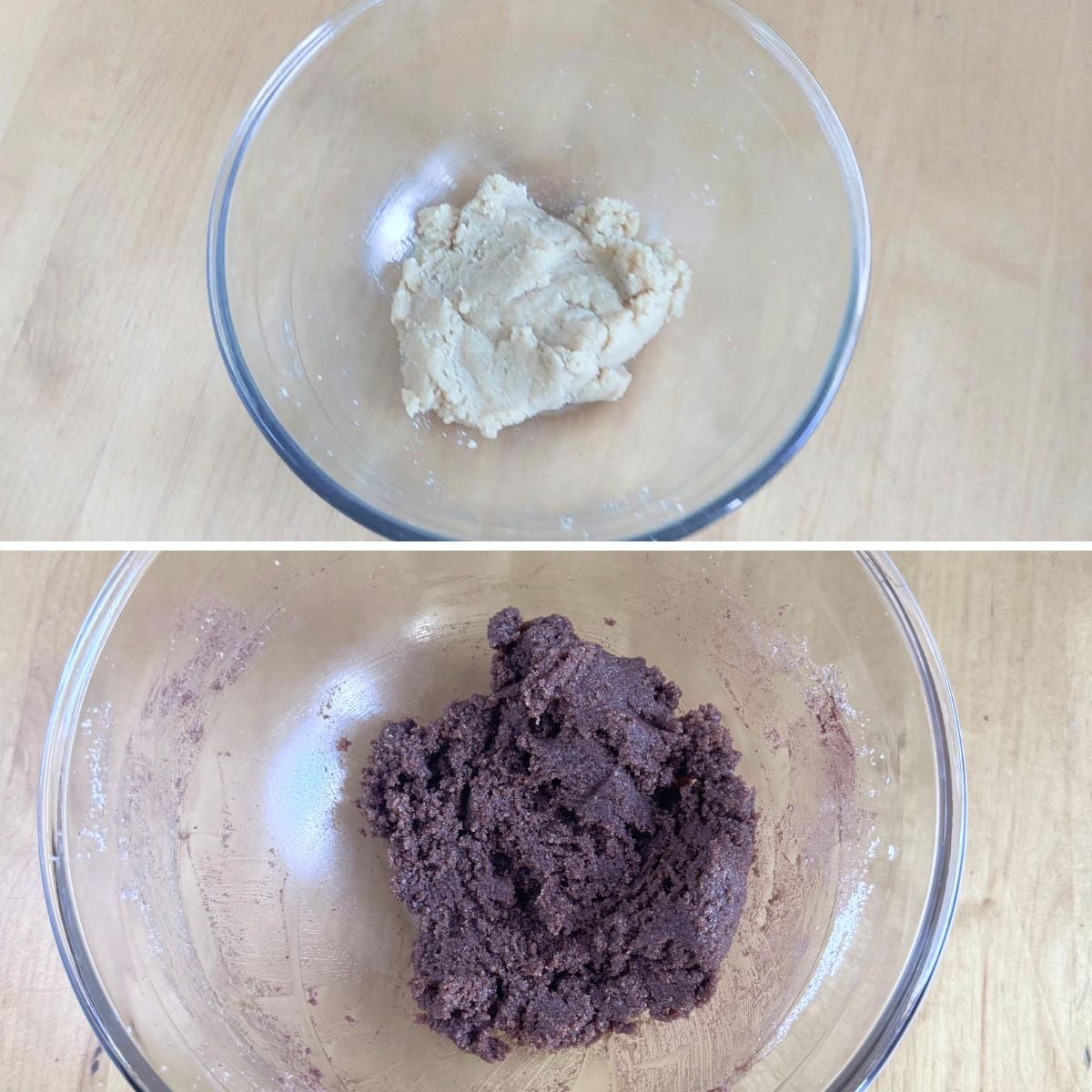 college of two images with top image of vanilla dough in glass bowl and bottom image of chocolate dough in glass bowl.