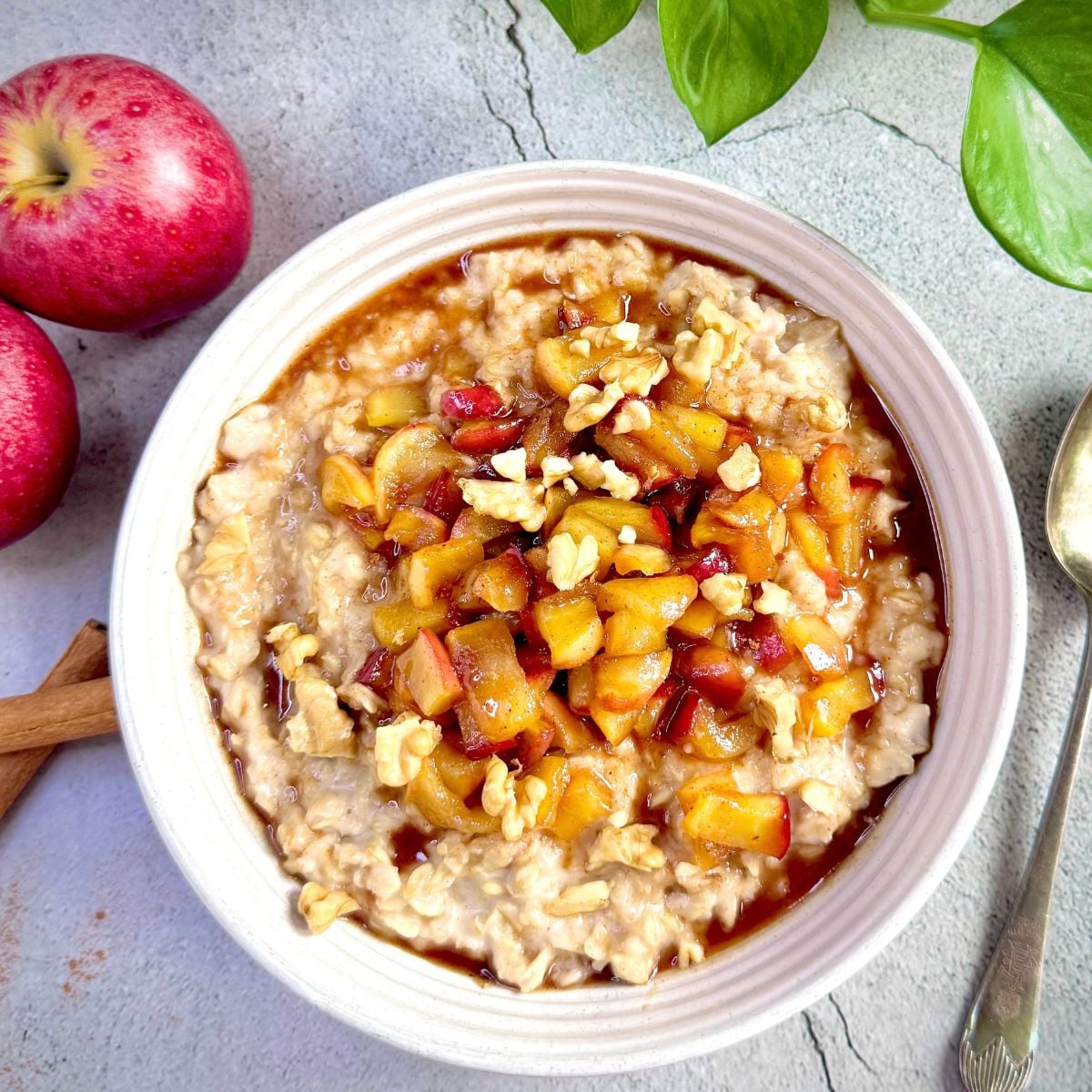 bowl of caramelised apple cinnamon oatmeal porridge placed on granite along with a spoon, apples and cinnamon sticks.